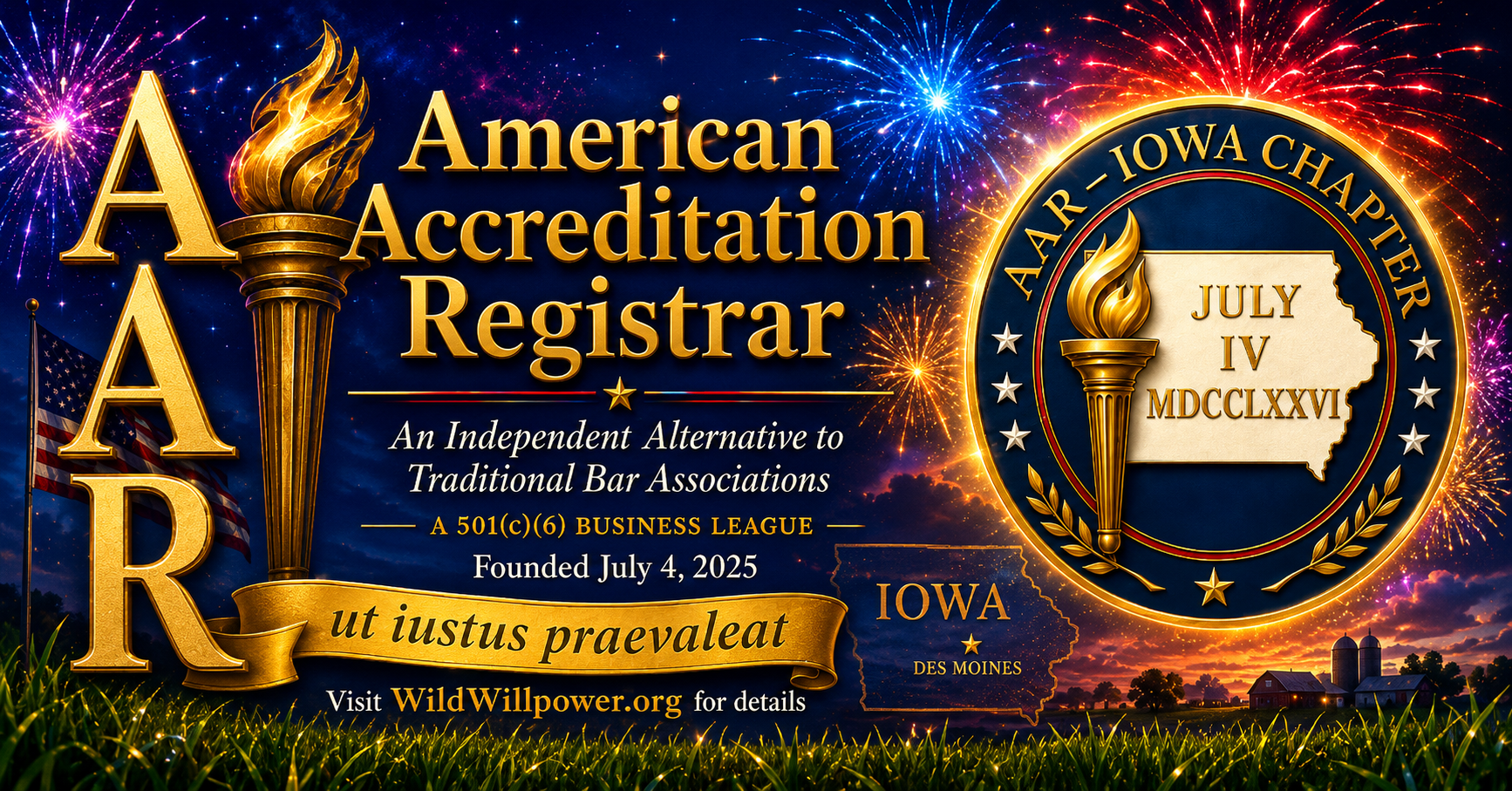 American Accreditation Registrar. An independent alternative to traditional Bar associations. A 501(c)(6) business league. Founded July 4, 2025. Visit WildWillpower.org for details.