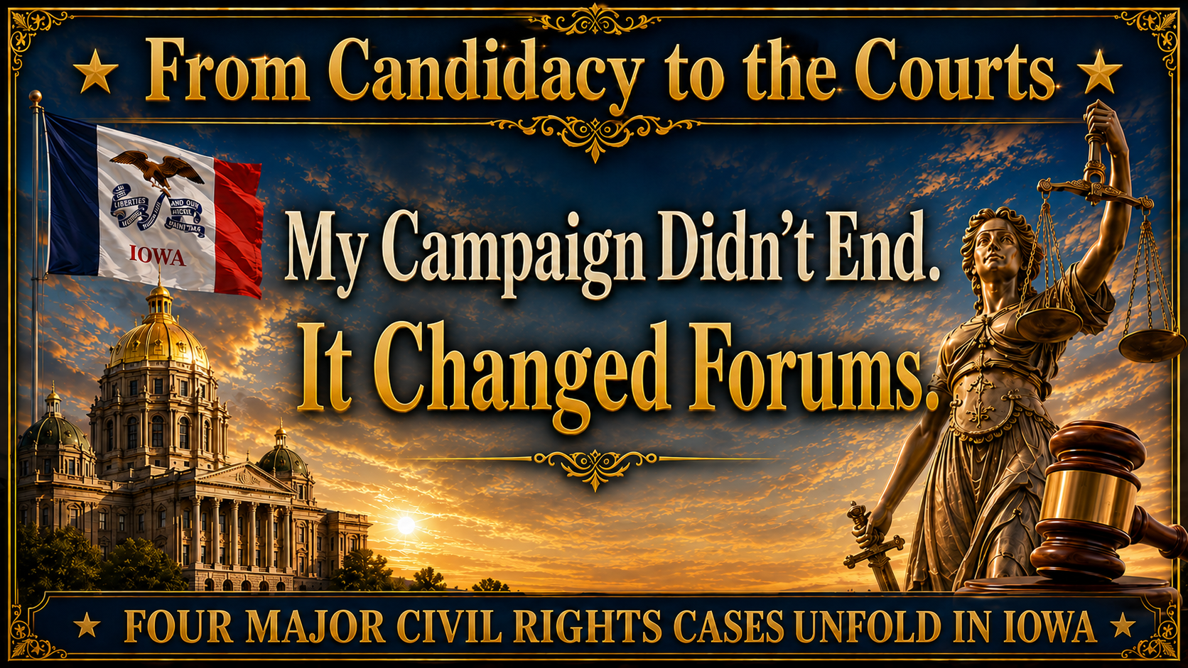 Sondra Wilson for Iowa Governor: From Candidacy to the Courts. My Campaign didn't end. It changed forums. Four major civil rights cases unfold in Iowa.