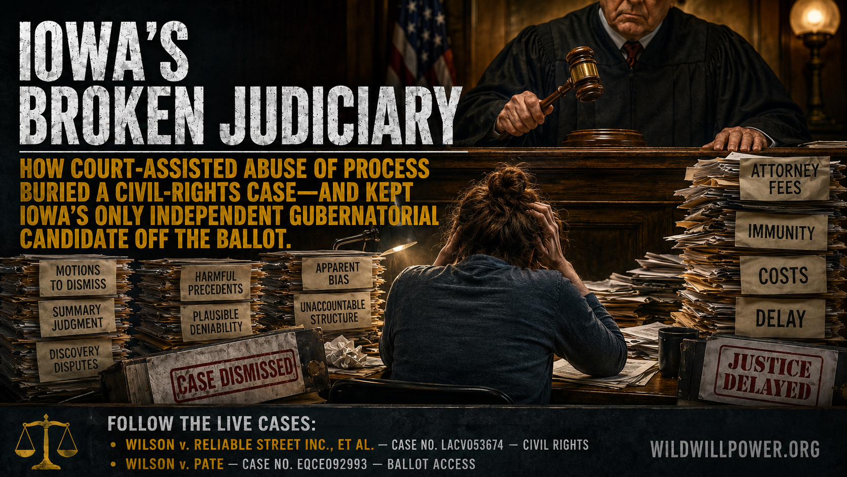 Article Series: Iowa's Broken Judiciary: How Court-assisted abuse of process buried a civil-rights case -and kept Iowa's only independent gubernatorial candidate off the ballot. . Wilson v. Reliable Street Inc., et al. Case N. LACV05364. WildWillpower.org