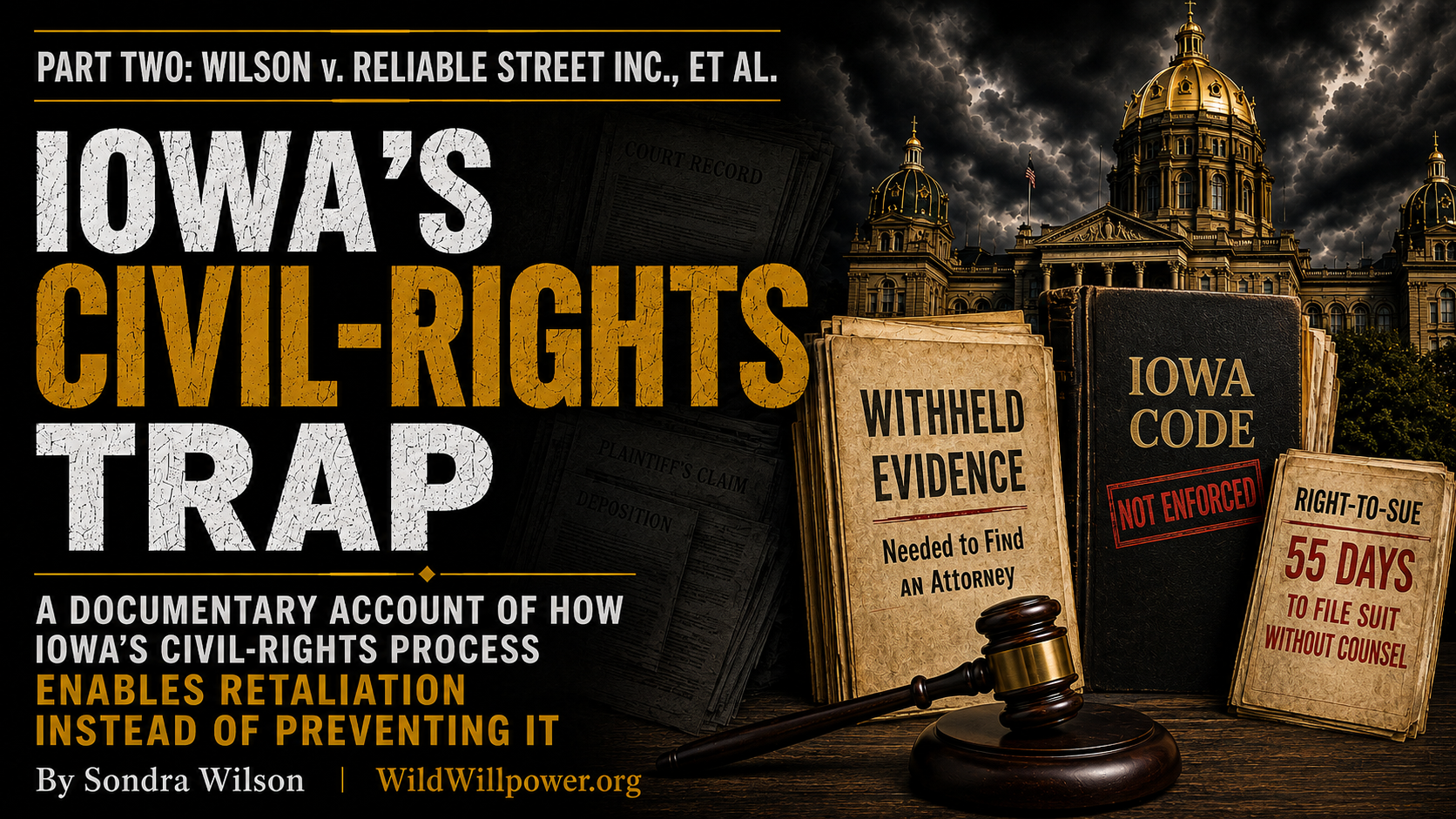 graphic for “Iowa’s Civil-Rights Trap,” Part Two of Wilson v. Reliable Street Inc., et al. Large distressed white and gold lettering appears on a black background beside the Iowa State Capitol under dark storm clouds. Three legal-document visuals read “Withheld Evidence — Needed to Find an Attorney,” “Iowa Code — Not Enforced,” and “Right-to-Sue — 55 Days to File Suit Without Counsel,” with a judge’s gavel in front. The subtitle reads, “A documentary account on how Iowa’s civil-rights process enables retaliation instead of preventing it.” Bottom text: “By Sondra Wilson | WildWillpower.org.”
