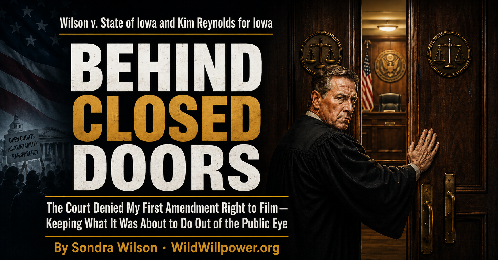graphic for “Behind Closed Doors.” On the left, large distressed white-and-gold text reads “BEHIND CLOSED DOORS,” above the subtitle, “The Court Denied My First Amendment Right to Film — Keeping What It Was About to Do Out of the Public Eye.” Above it is “Wilson v. State of Iowa and Kim Reynolds for Iowa,” and below, “By Sondra Wilson · WildWillpower.org.” A dark American flag, courthouse, and silhouettes holding a sign reading “Open Courts Accountability Transparency” appear in the background. On the right, a stern judge in a black robe looks back toward the viewer while pulling heavy wooden courtroom doors closed, leaving a warmly lit courtroom visible through the narrowing opening.