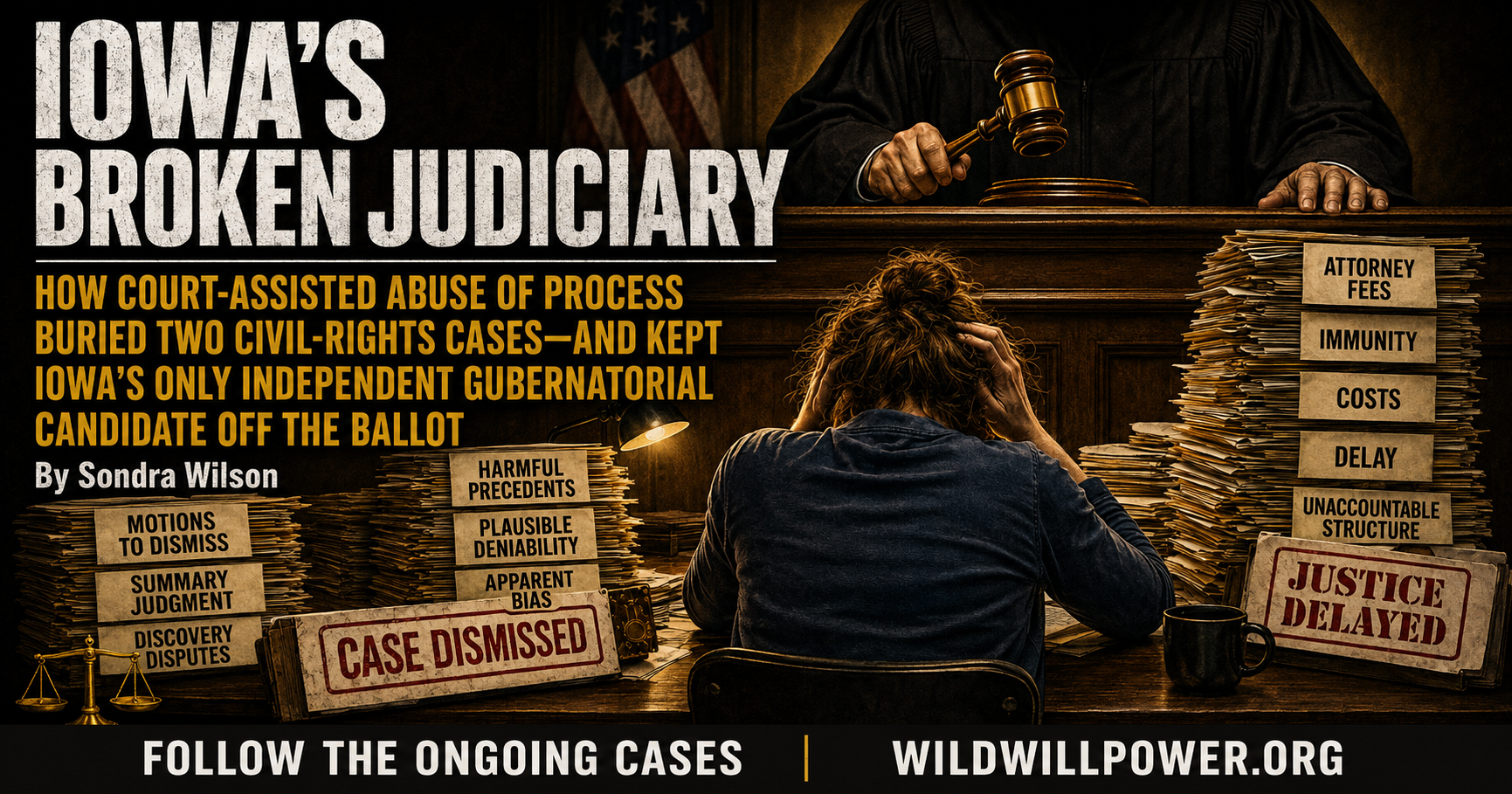 Wide promotional graphic for the “Iowa’s Broken Judiciary” series. Large distressed white text reads “Iowa’s Broken Judiciary.” Gold text below states: “How court-assisted abuse of process buried two civil-rights cases—and kept Iowa’s only independent gubernatorial candidate off the ballot.” “By Sondra Wilson” appears beneath. At center, an overwhelmed woman sits with her back to the viewer, holding her head at a desk buried beneath legal papers. Above her, a faceless judge in a black robe towers behind the bench holding a gavel. File stacks are labeled “Motions to Dismiss,” “Summary Judgment,” “Discovery Disputes,” “Harmful Precedents,” “Plausible Deniability,” “Apparent Bias,” “Attorney Fees,” “Immunity,” “Costs,” “Delay,” and “Unaccountable Structure.” Red-stamped signs read “Case Dismissed” and “Justice Delayed.” A bottom banner reads “Follow the Ongoing Cases” and “WildWillpower.org.”