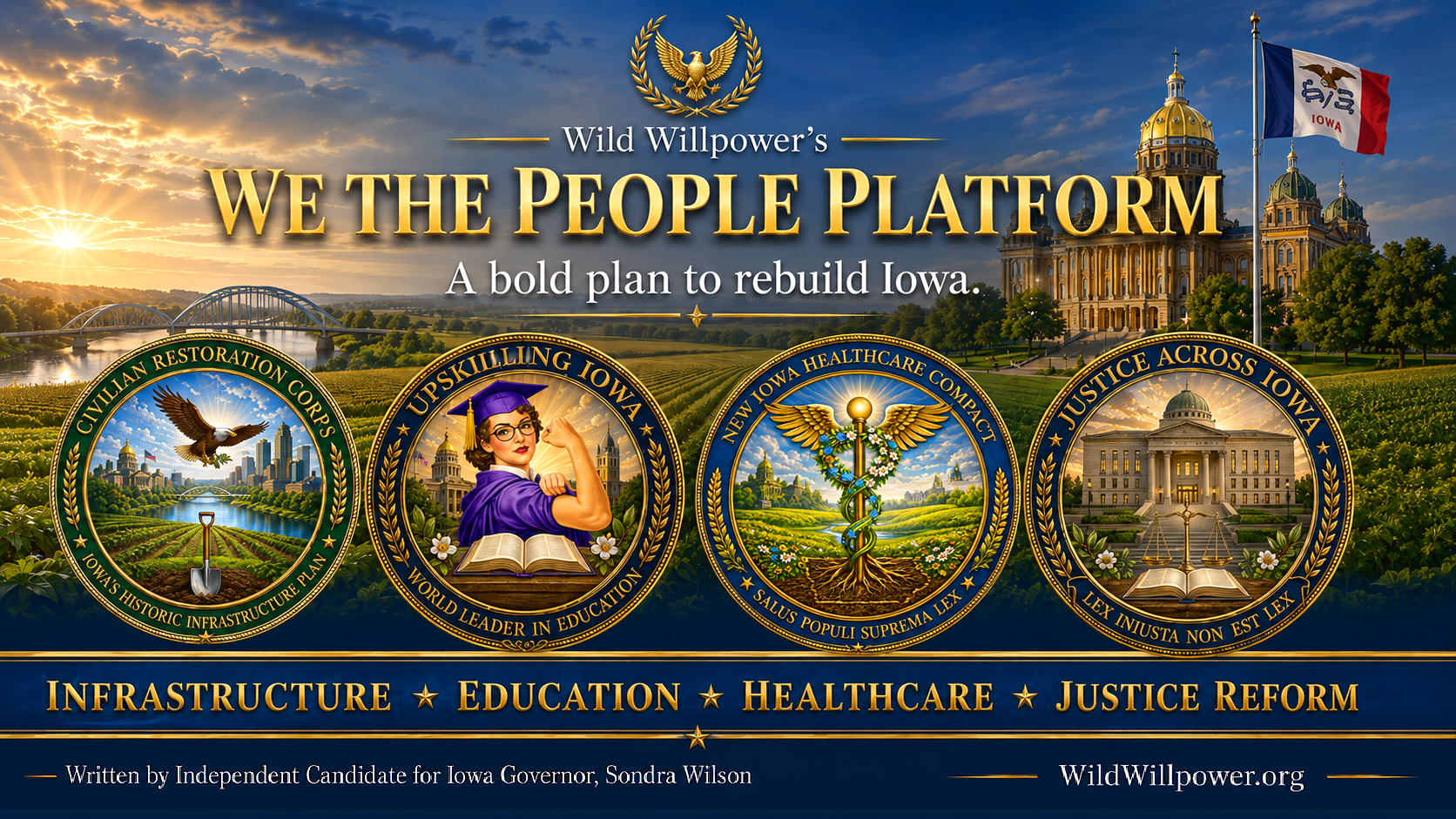 graphic for Wild Willpower’s “We the People Platform.” A gold eagle crest appears above the headline “We the People Platform” and the subtitle “A bold plan to rebuild Iowa.” An Iowa landscape with farmland, a bridge, the Iowa State Capitol, and the Iowa flag forms the background. Four large seals represent the platform’s pillars: Civilian Restoration Corps, Upskilling Iowa, New Iowa Healthcare Compact, and Justice Across Iowa. A blue-and-gold banner below reads “Infrastructure • Education • Healthcare • Justice Reform.” The footer identifies Sondra Wilson as an independent candidate for Iowa governor and displays WildWillpower.org.